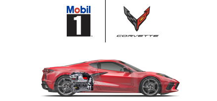 Mobil 1 by Corvette logo lockup with red Corvette Stingray illustration next to it