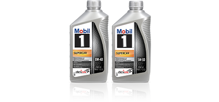 Mobil 1 Supercar 0W-40 and 5W-50 bottle image side-by-side