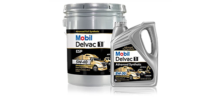 Mobil Delvac 5W-40 product in bucket and jug