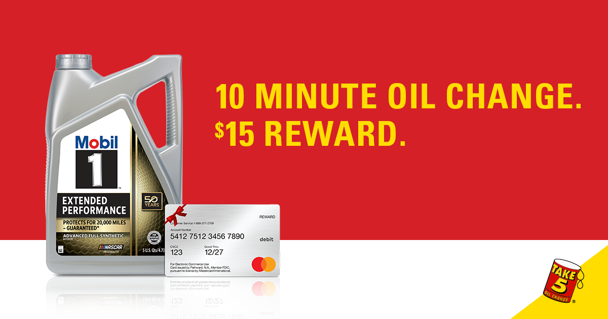 Mobil 1 motor oil on red background with bold, gold text that reads, “10 Minute Oil Change. $15 Reward."