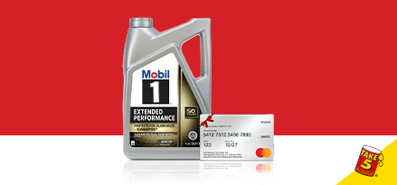 Mobil 1 motor oil on red background with bold, gold text that reads, “10 Minute Oil Change. $15 Reward."